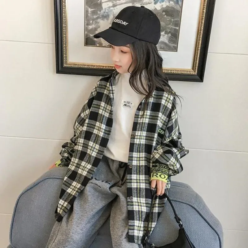 

Children Girls School Uniform Cotton Plaid Loose Blouse Striped Shirt Long Sleeve Tops for Teenagers Women 12 13 15 Years Old