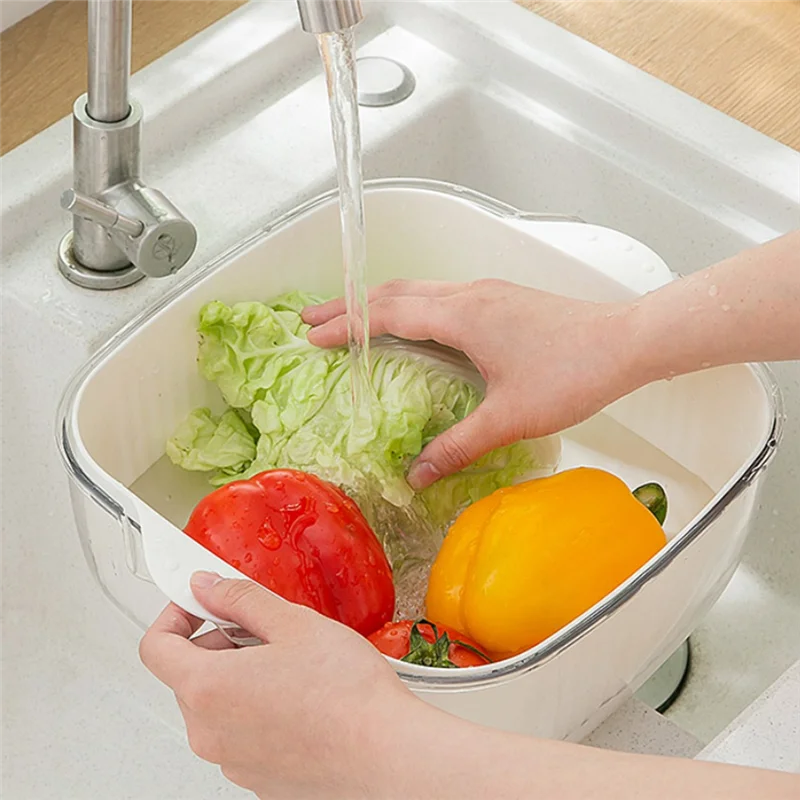 

Drain Colander Fruit and Vegetable Bowl Set Double Layered Drain Basin and Basket Great for Placing and Washing Pink