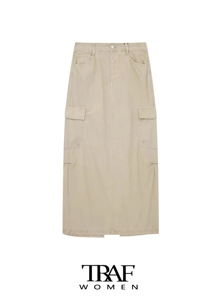 

TRAF Women Fashion Patch Pockets Back Slit Cargo Midi Skirt Vintage Low Waist Zipper Fly Female Skirts Mujer