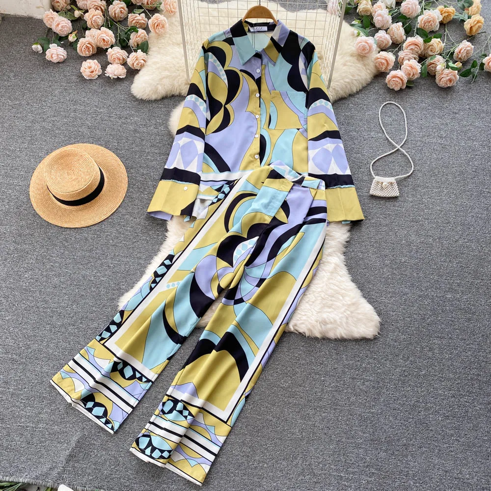 

Casual print temperament suit women's fashion loose long sleeve shirt High Waist Wide Leg Pants two-piece sets