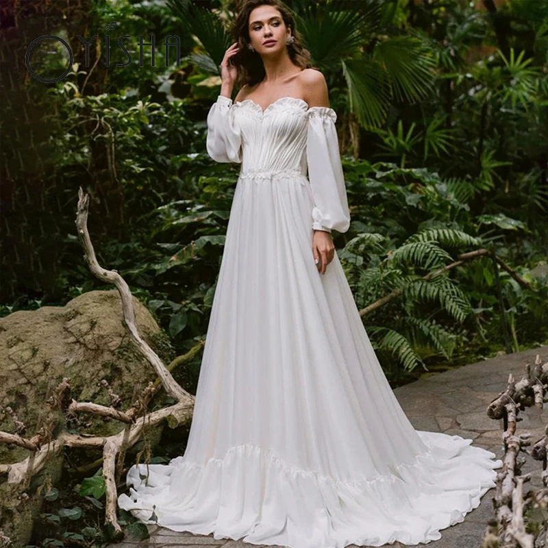 

OYISHA Elegant Off Shoulder Bridal Gowns Sexy Sweetheart Pleated Vestidos De Novia Puff Sleeve Simple Chiffon Wedding Dress 2023
