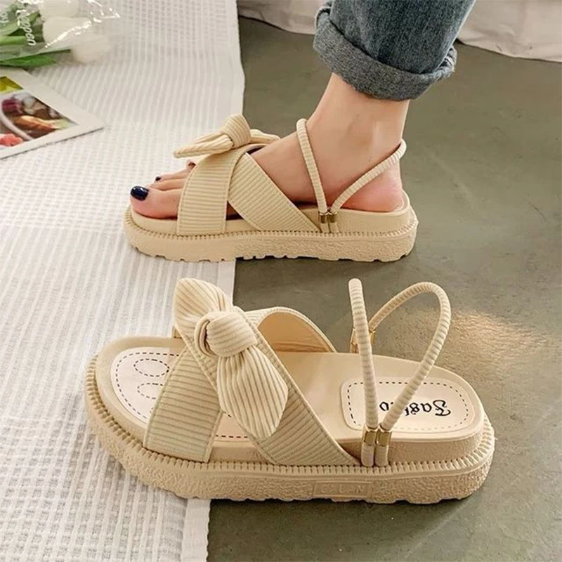 Women's Slippers 2022 New Platform Flat Shoes Indoor Slippers Anti-Slip Bow Roman Platform Beach Shoes Ladies Summer Sandals