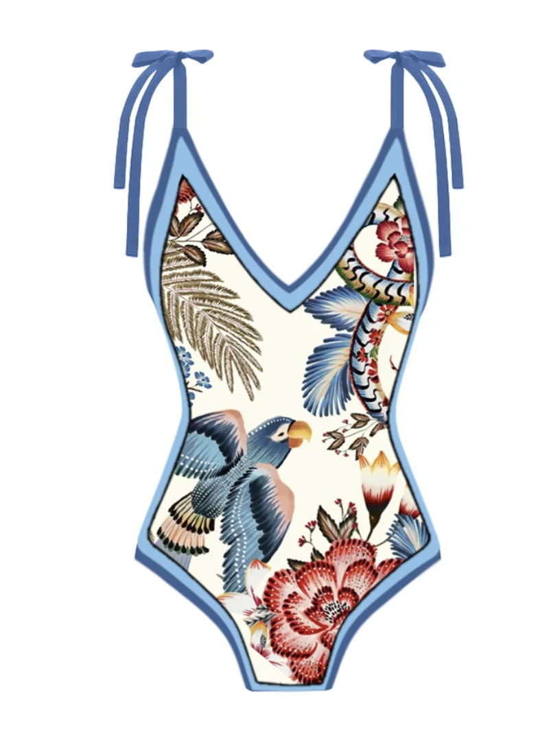 Colorful Printed String Strap Bikini Suit V Neck Gathering Sexy Backless Swimsuit Women Bow Cross Strap Beachwear Fashion
