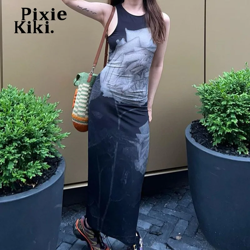 

PixieKiki Y2k Aesthetic Printed Black Women Dresses Summer 2023 Sexy Sleeveless Long Maxi Dress P33-BG18