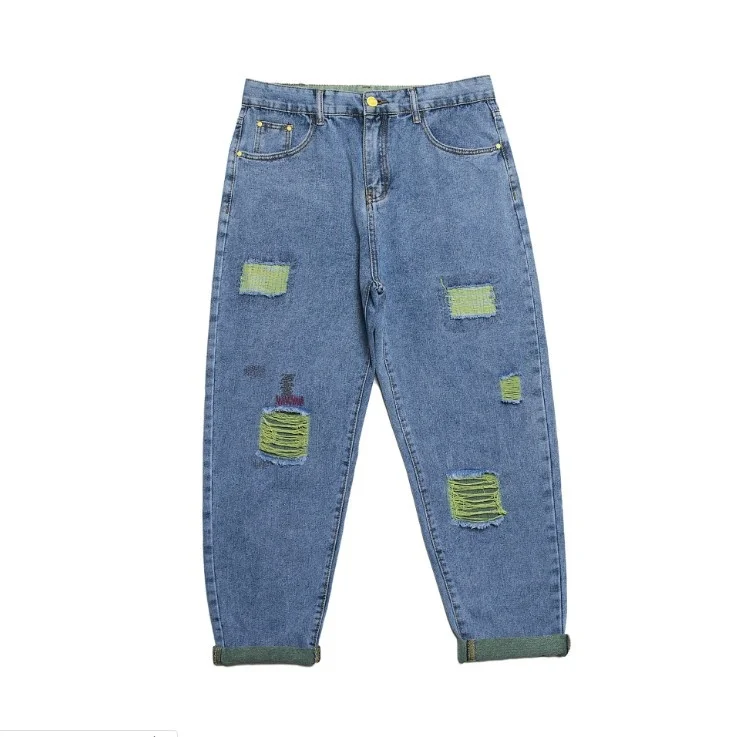 

Men's Jeans 2022 Spring And Summer Trend Casual Beam Feet Pants Youth High Quality Hole Patch Denim Nine Points