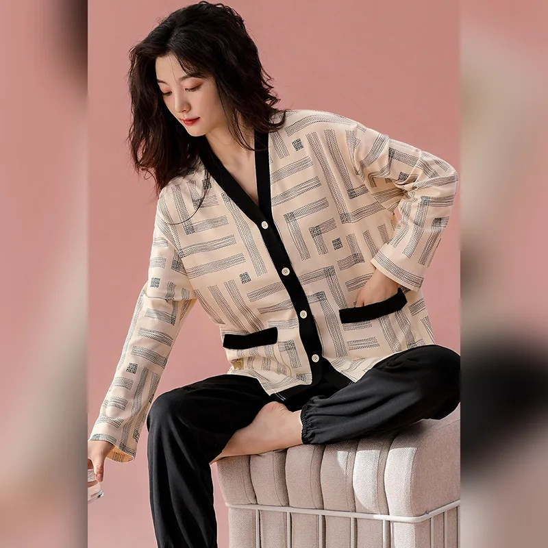 Comfortable Cotton Pajamas For Women Loose Pijama New Long Sleeve Spring Autumn Home Wear Clothes V Neck Casual Sleepwear Set
