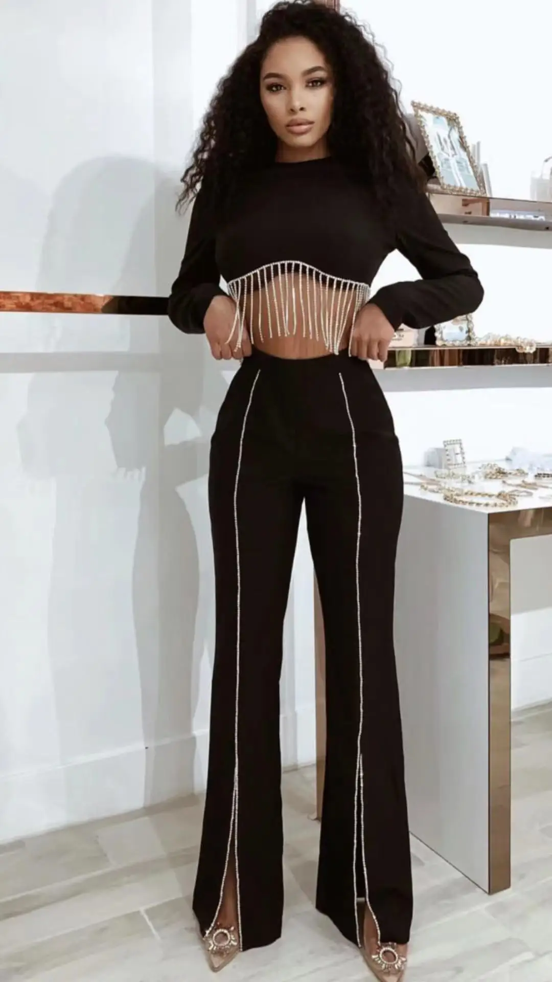 

2022 Cross Border Women Sexy Black Color Sparkling Squins Rayon Bandge Set Celebrate Red Carpet Set Nightclub Style
