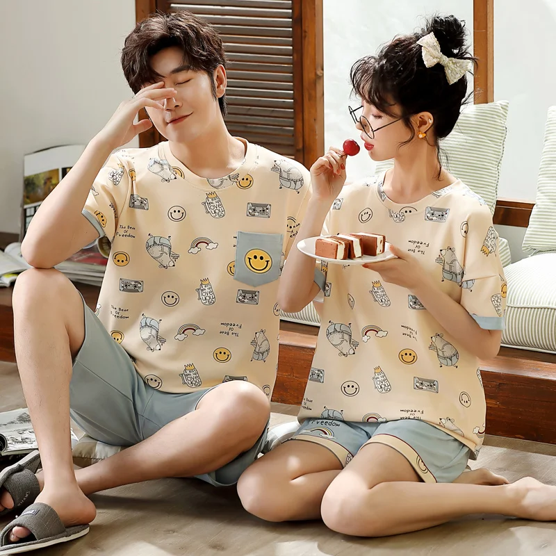 Summer Couple Pjs Cartoon Young Girl Big Boys Pyjamas Knitted Mens Pajamas Sets Matching Sleepwear Women Nightwear Pijamas Loung