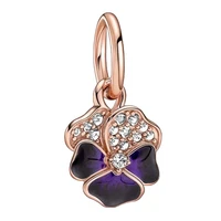 original rose gold deep purple pansy flower dangle beads charm fit pandora women 925 sterling silver bracelet bangle diy jewelry
