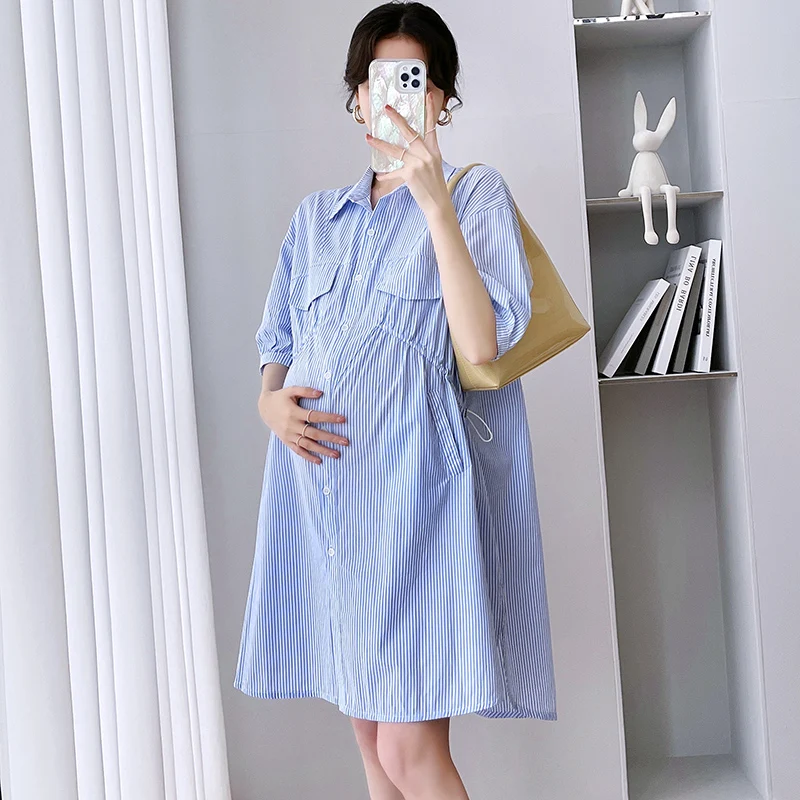 

Летнее модное платье в полоску для беременных женщин с карманами и завязками на талии Одежда для беременных свободное хлопковое платье для беременных