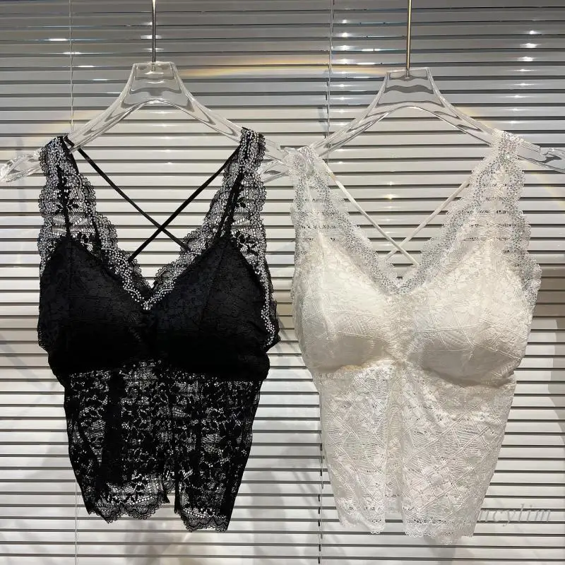 

Lace Tank for Women 2022 Spring Summer New Sexy Rhinestone Chest Pad Camisole Female Crop Top White Black Slim Fit Stretch