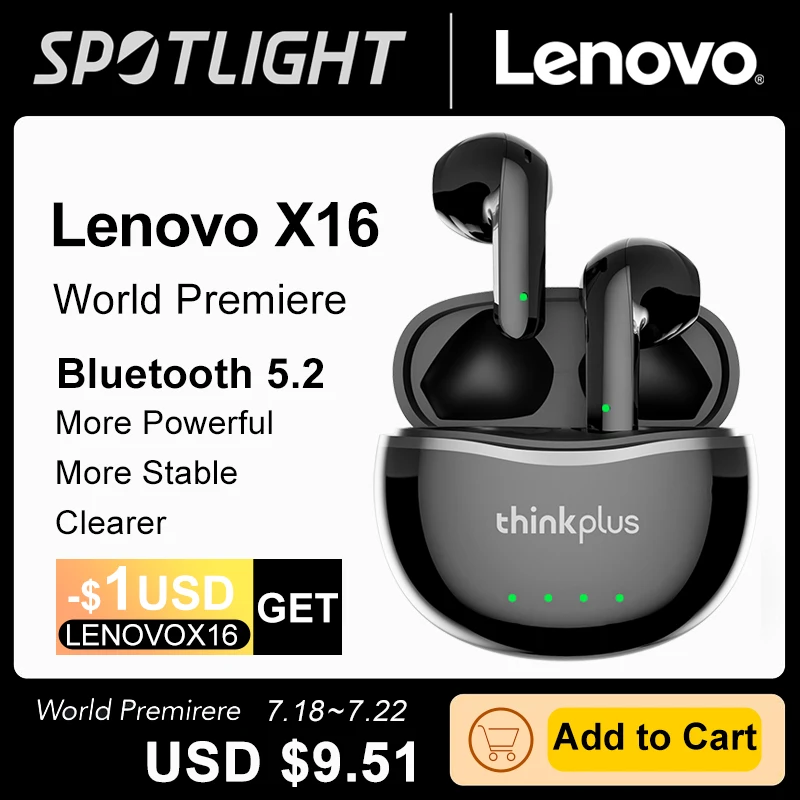 

2022 New Original Lenovo X16 Headphone Bluetooth 5.2 TWS Wireless Earbuds Stereo Sports Earhook Earphone With Dual HD Microphone