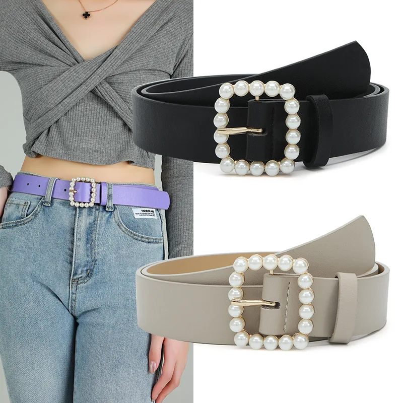 

PU Pearl Inlay Leather Belt For Women Designer Wild Waist Strap Brand Fashion Female Dress Skirt Coat Decorative Corset Girdle