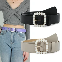 pu pearl inlay leather belt for women designer wild waist strap brand fashion female dress skirt coat decorative corset girdle