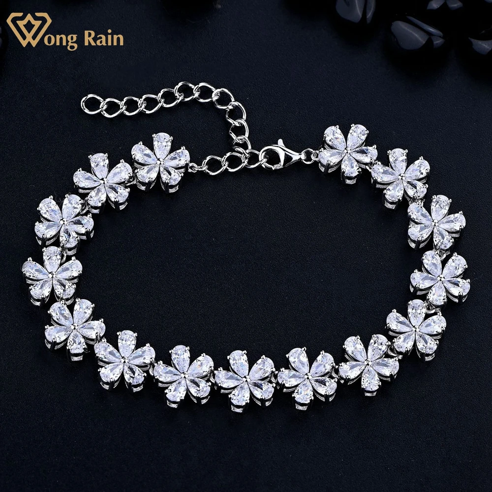 

Wong Rain, 100% Стерлинговое Серебро 925 пробы, цветочный узор, Moissanite, драгоценный камень, романтичный женский браслет, браслет для свадебной вечери...