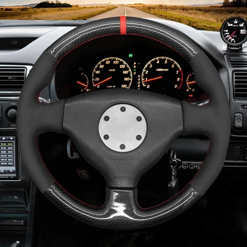 

Car Steering Wheel Cover Black Suede Carbon Fiber Red Marker Soft For Mitsubishi Lancer Evolution EVO VI 6 1999-2000 V (5) 1998
