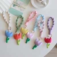 korean cute keychains for women fabric tulip flower woven wristband bracelet key chains colorful flowers car keychains wholesale