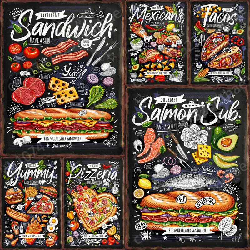 

Meal Retro Diner Food Metal Tin Sign Poster Vintage Plate Kitchen Plaque Restaurant Dining Room Wall Decoration Home Accessories
