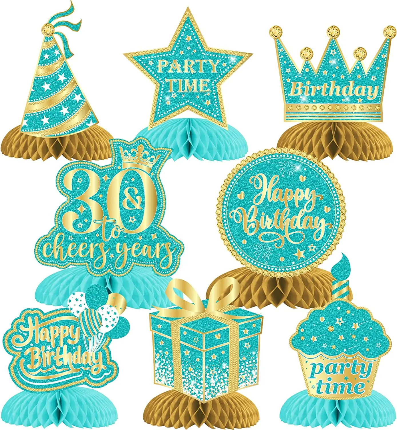 

JOYMEMO 8pcs Teal Blue Happy Birthday Honeycomb Centerpiece 30th 40th 50th Birthday Table Decorations for Women Men Bday Party