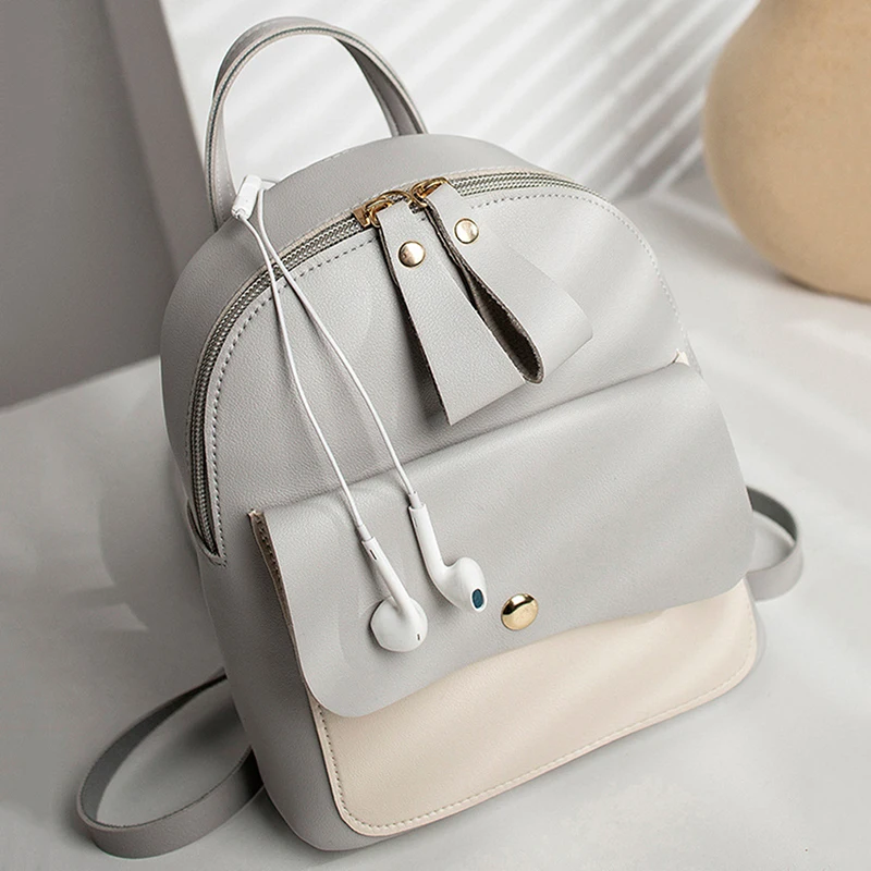 Women Mimi Patchwork Packback Fashion PU Leather Zipper Waterproof Student School Bag Female Multi-Function Phone Pack