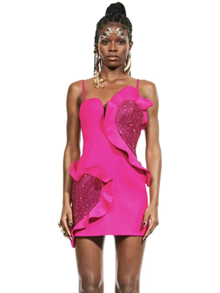 Summer Dress Woman 2023 Trendy Rose Color Spaghetti Strap Ruffles Sequines Sweatheart Pattern Bodycon Mini Bandage Dress Party