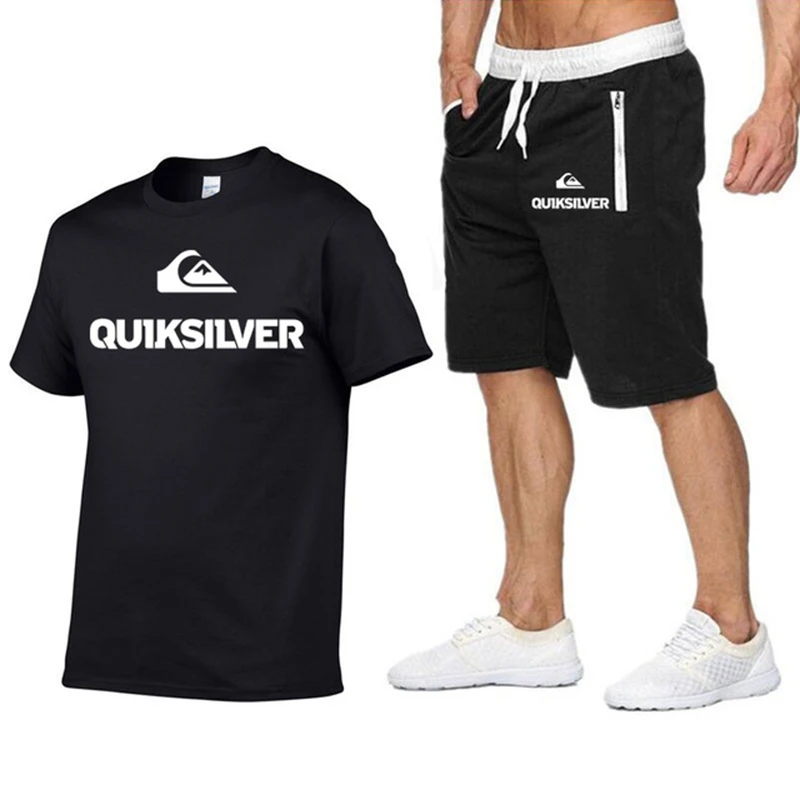 

Новинка, Мужская футболка Quiksilver, комплект из двух предметов, Мужская хлопковая футболка с коротким рукавом и шорты, мужская повседневная спортивная одежда, одежда для фитнеса
