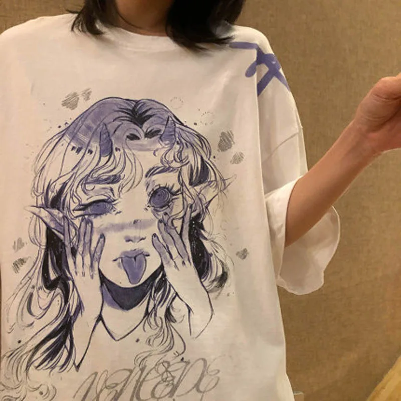 

Kawaii Women's T-Shirts Short Sleeve Tshirt Female Harajuku Summer White Cartoon Tops Tee Hip Hop Oversized Woman Clothes