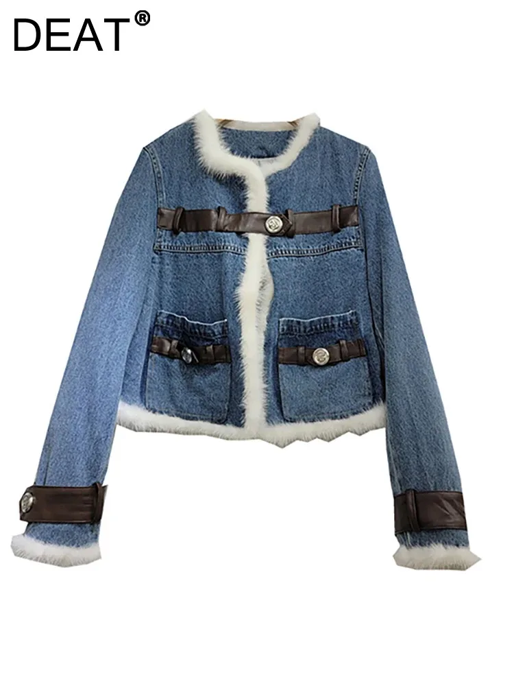 

Женская джинсовая куртка DEAT, свободная облегающая куртка из искусственной кожи с круглым вырезом и плюшевой подкладкой, с длинным рукавом, в стиле пэчворк, на зиму, 29L5048, 2023