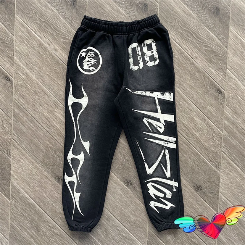 

2023 Wash Grey Hellstar 08 Logo Pants Men Women Hip Hop Hellstar Flare Pants Vintage Graphic Drawstring Trousers