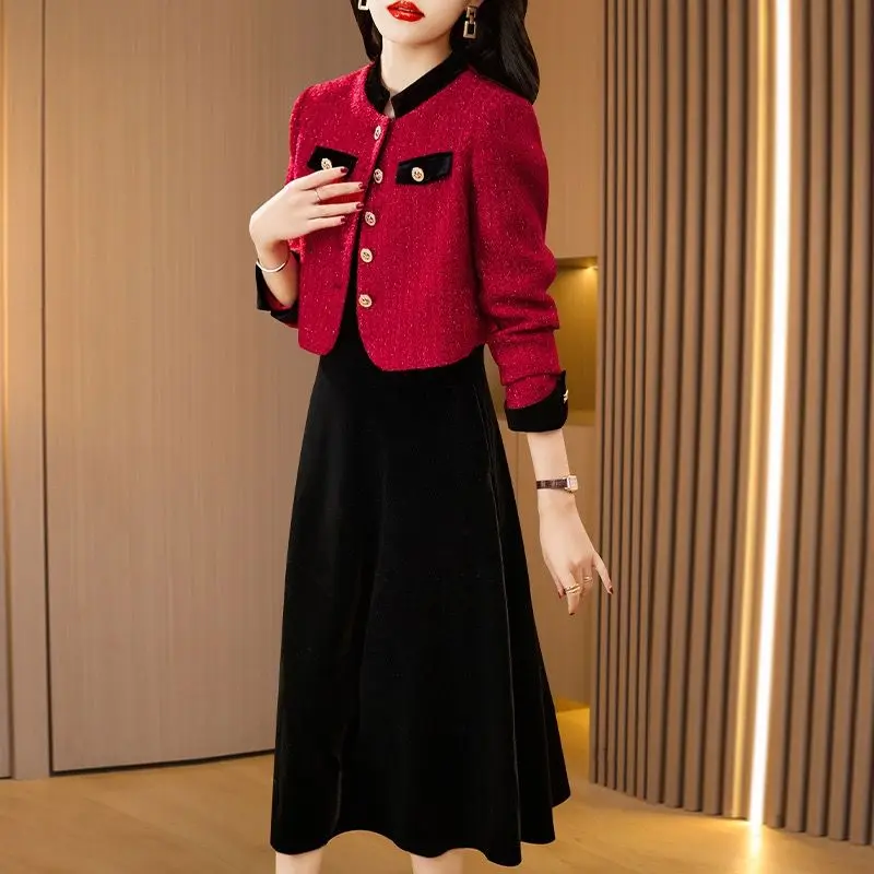 

2023 Women Spring Autumn Fashion Two-piece Sets Female Solid Color Short Jackets Ladies Long Loose A-line Dress Suits O414