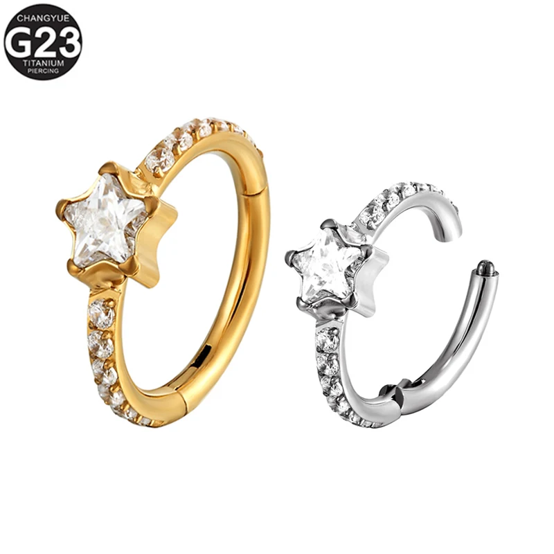 Pentagram Zircon Ring Earrings G23 Titanium Septum Piercing Nose Rings Cartilage Tragus Clicker Ring Helix Piercing Body Jewelry