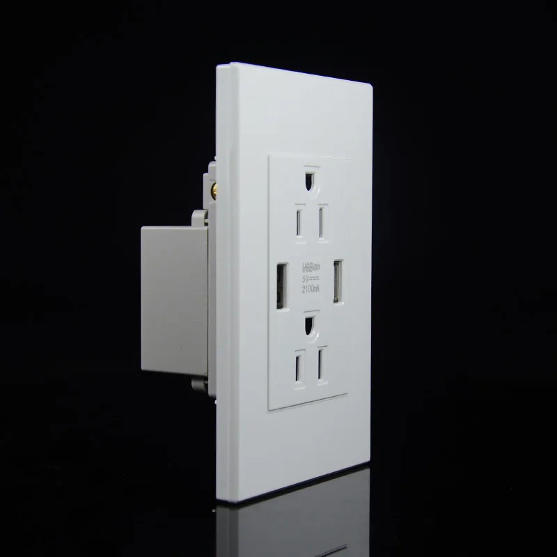 

118mm white American USA Standard Double 3-pole Socket With 2USB Ports 2.1A PC Flame Retardant Household Safety Power Plug 15A