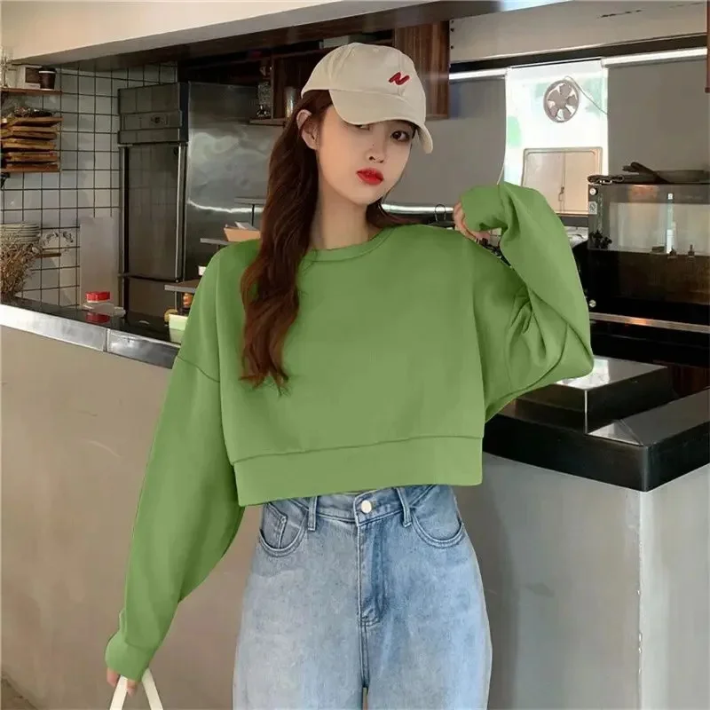 

100% Cotton Women Cropped Sweatshirt overs Fashion Harajuku Loose Sid Cor Tops Spring Korean Casual Lady Clothes
