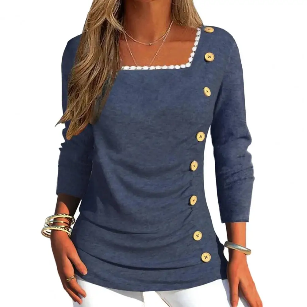 

Повседневная Женская блузка, осенняя блузка с квадратным воротником и длинным рукавом, кружевной декольте, украшение на пуговицах, приталенный силуэт, плиссированный женский топ, уличная одежда