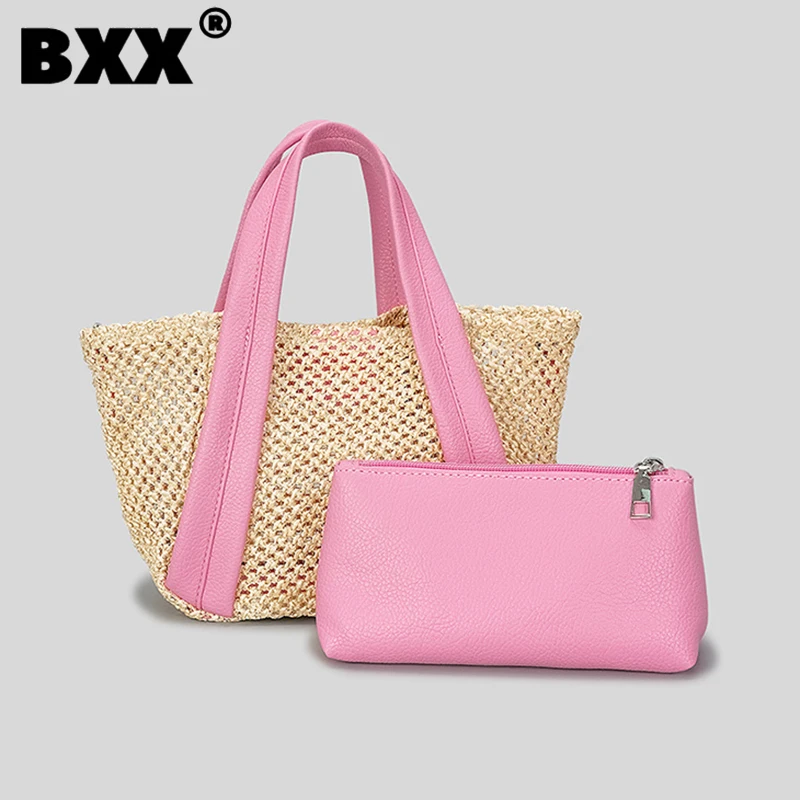 

[BXX] New Fashion Woven Handbag Women's 2023 Contrast Color Beach Vacation Shoulder Bag Female Casual Simple Bags 8AB580