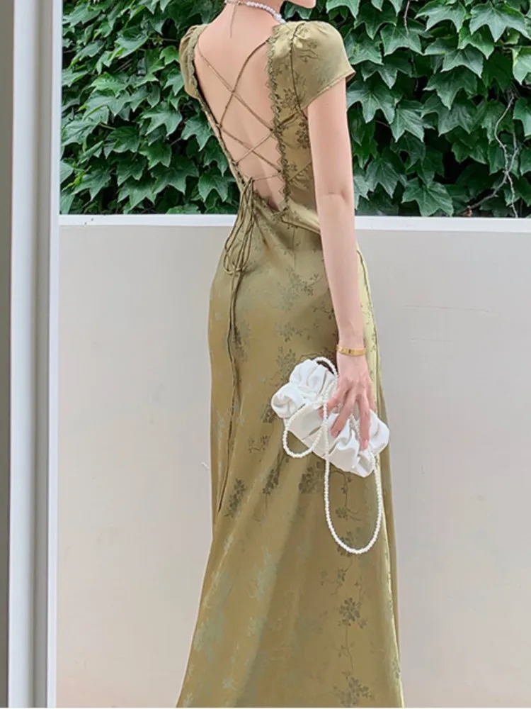 

2022 Summer Women Satin Party Dress Sexy Backless Lace Up Vintage Print Lace Crochet Green Silk Long Dress