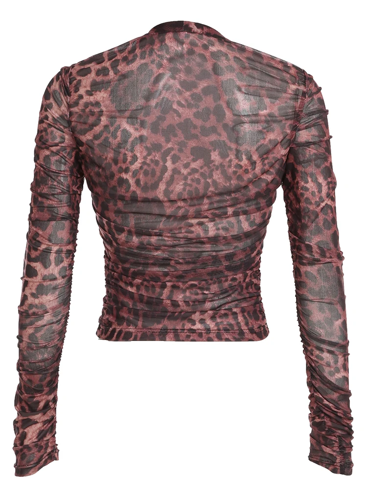 Rockmoer Сетчатые рубашки с леопардовым принтом Женские сексуальные прозрачные