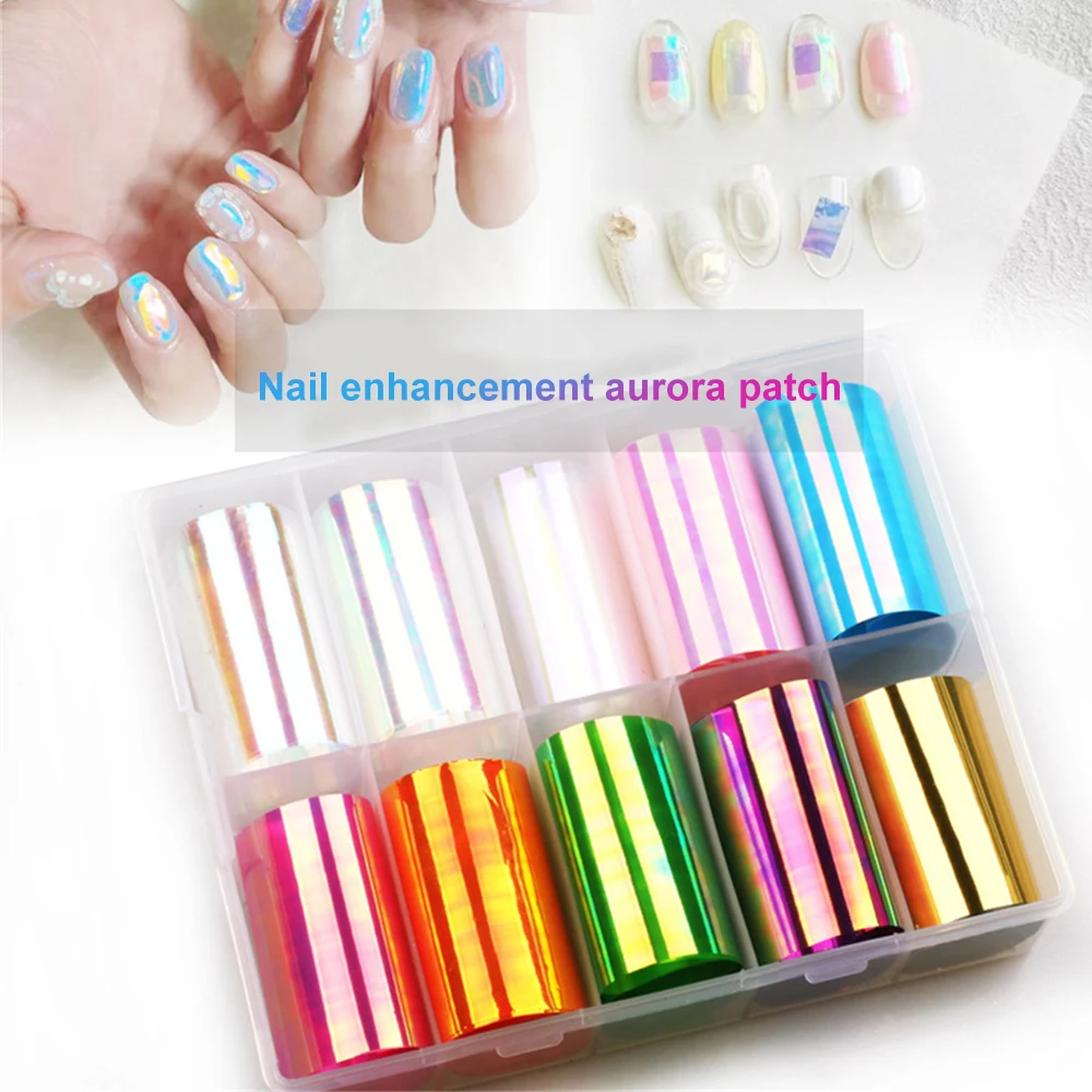 

10Rolls/Set Aurora Nail Foils Transfer Paper Stickers Bohemia Sliders Adhesive Nails Wraps DIY Water Marble Nail Art Decoration