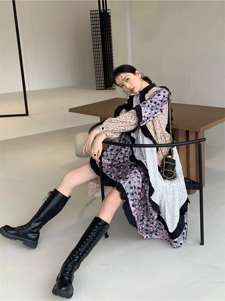 

Irregular Floral Dress Women's 2022 New Autumn Dress Women Long Sleeve Patchwork Printed Flower Dresses Ladies Party Clothes