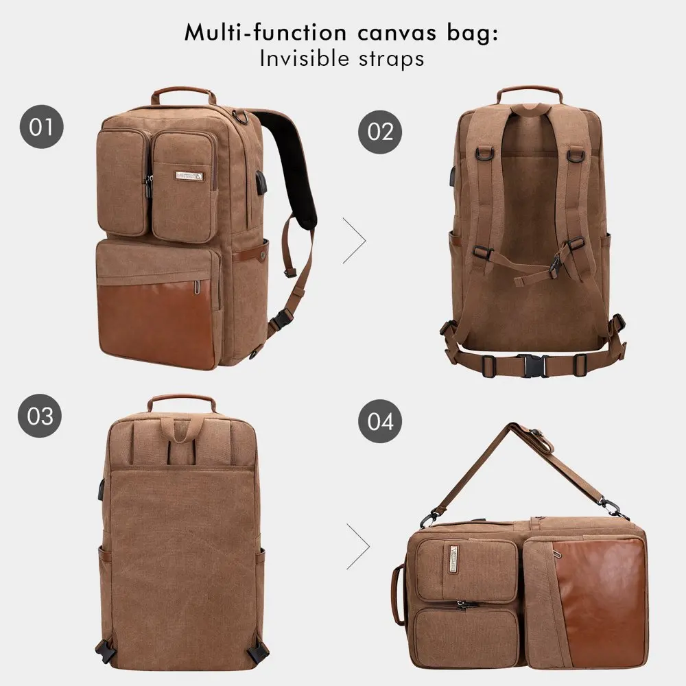 Vintage Canvas Backpack with USB Charging Port Unisex Large Luggage Bag for Travel 6617 Brown