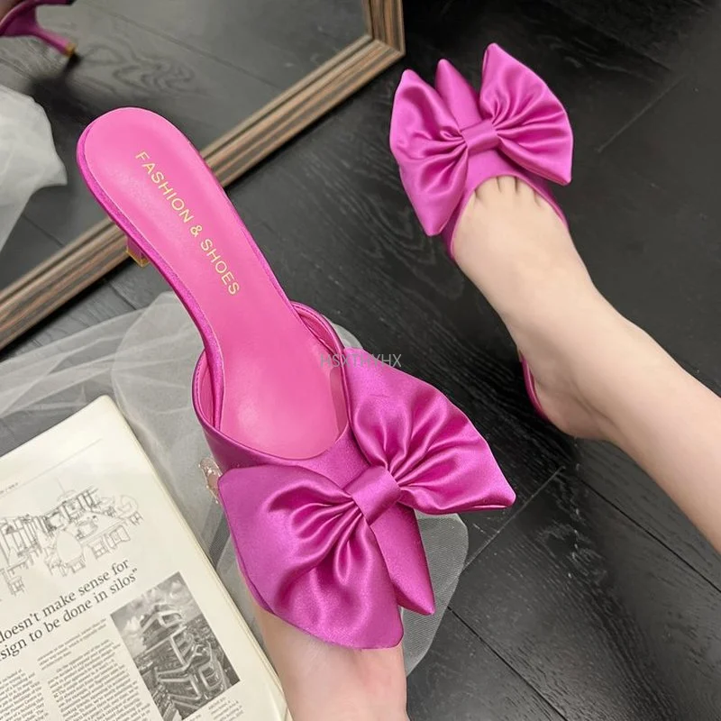 

2022 Women 8cm High Heels Slides Peach Mules Summer Bow Knot Sandals Lady Low Heels Pointed Toe Slippers Party Cute Kawaii Shoes