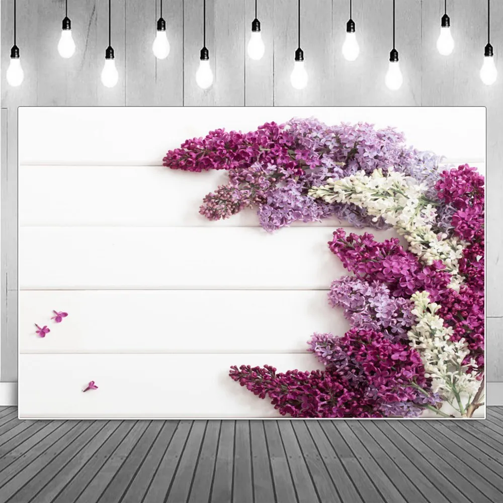 

Flowers Hyacinthus White Wooden Planks Flat Lay Birthday Decoration Photography Backdrops Floral Board Party Photo Backgrounds