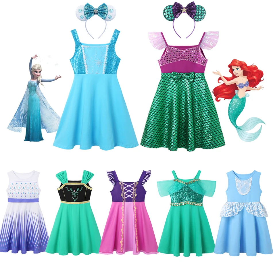 Disney Frozen Elsa Anna Dress Girls Cosplay Princess Jasmine Rapunzel Mermaid Ariel Cinderella Costume Kid Summer Casual Clothes