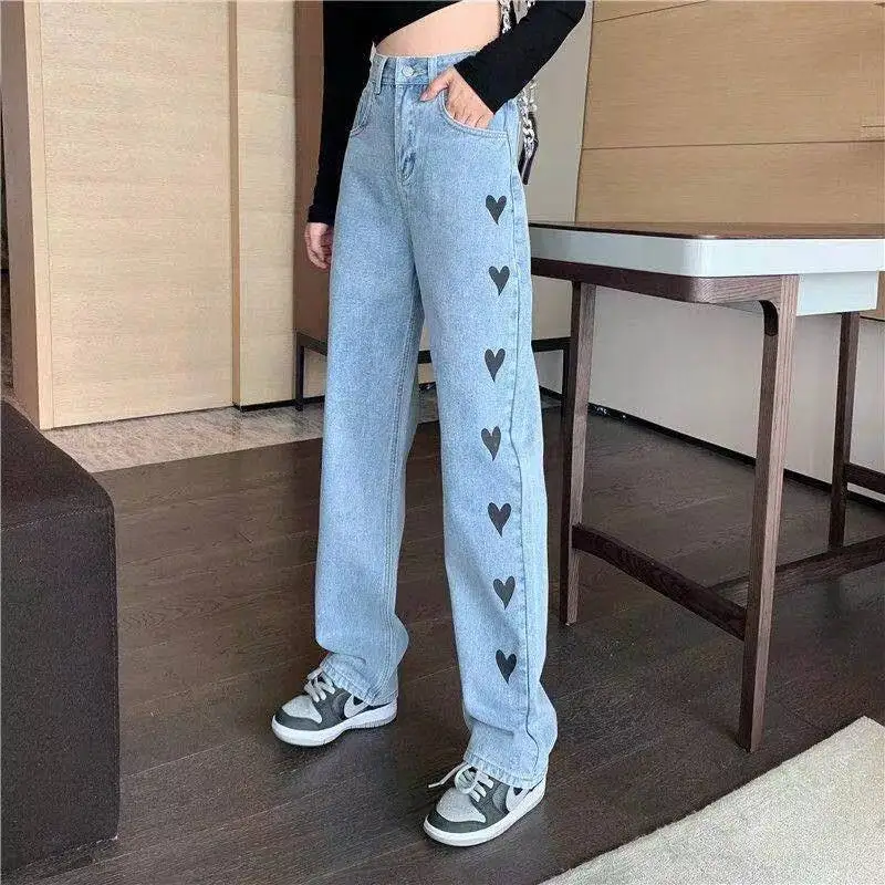 Women Fashion Harajuku Straight Pants 2021 High Waist Heart Print Jeans Wide Leg Denim Trousers Blue Streetwear Vintage Quality