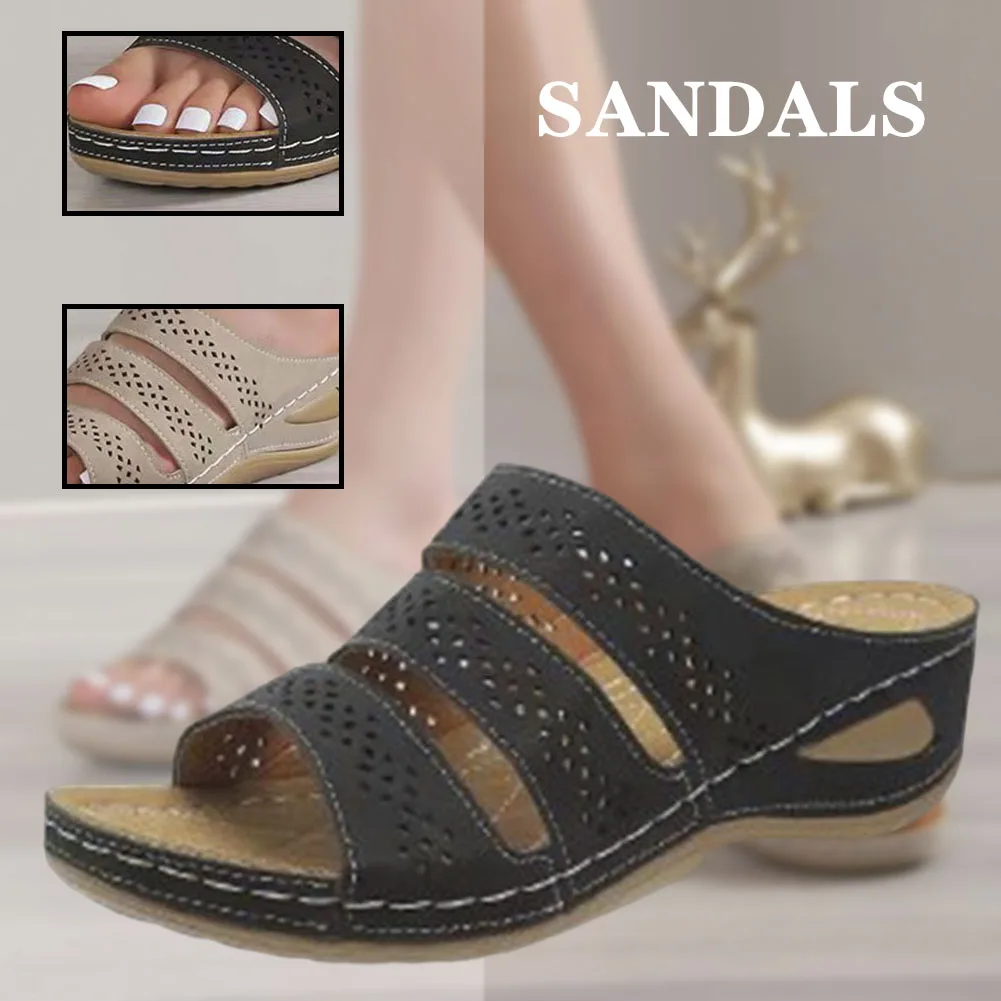 

Simple Pure-Color 3 Hollow Straps Wedges Slippers Comfortable Breathable Shoes For Beach Party