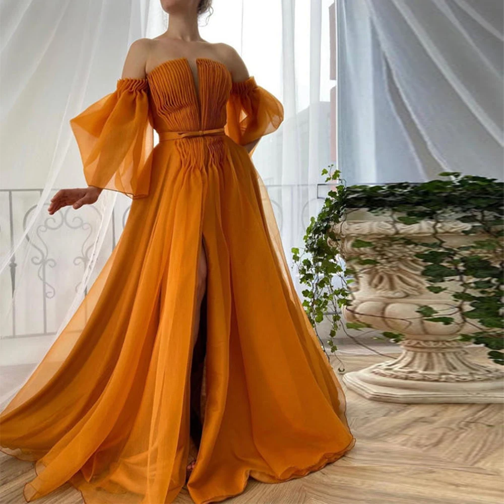 

Modern Prom Dress Strapless V Neck Puffy Sleeves Backless Sexy Prom Gown Thigh Slit Pleated Bow Draped A Line Gold Party Dress