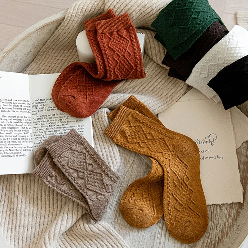 

Зимние кашемировые шерстяные женские носки, однотонные длинные носки в японском стиле Харадзюку в стиле ретро, женские теплые уличные носки для девушек