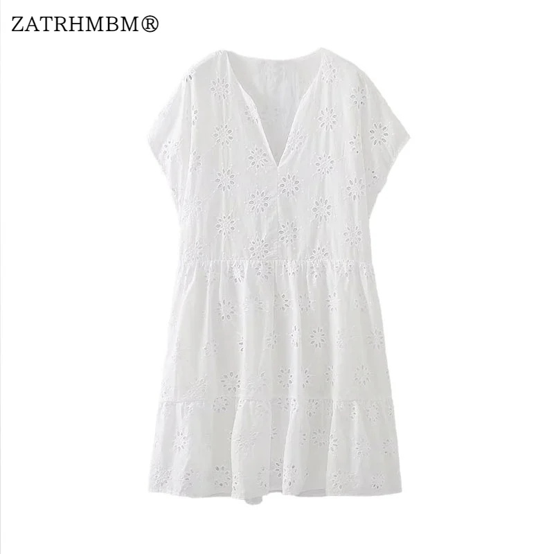 

ZATRHMBM Women 2023 Summer Fashion Cutout Embroidered White Dress Vintage V-Neck Short Sleeve Female Dresses Vestidos Mujer