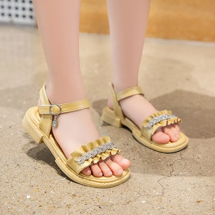 

Girls Sandals Kid's New 2023 Summer Shoes Girl Soft Beach Shoes Bay Beige Children Brim Rhinestone Princess Shoes CH-528 Sandal