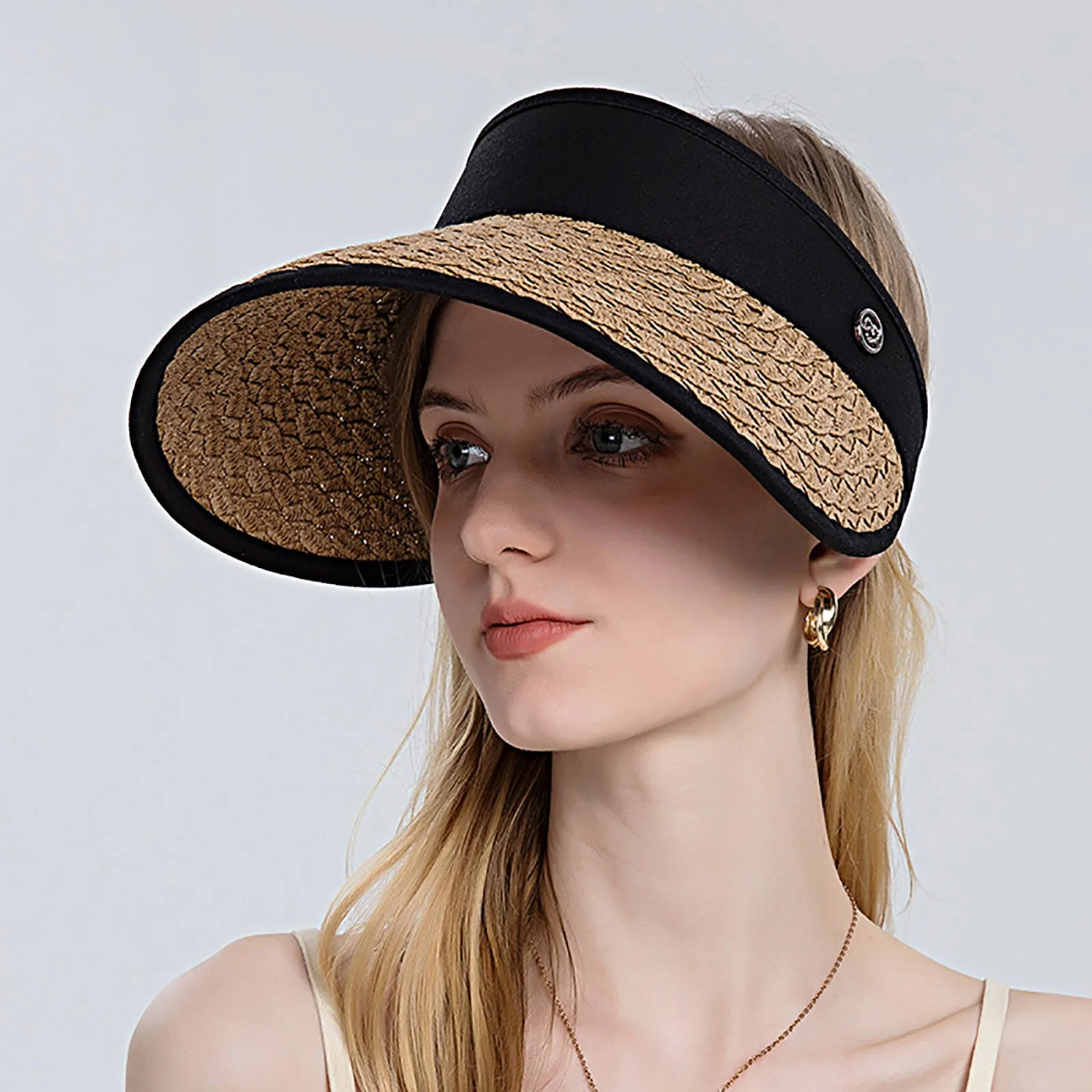 

Women Ladies Summer Weave Straw Empty Top Beach Cap Clip-On Solid Colors Large Wide Brim UV Protection Breathable Sun Visor#g3